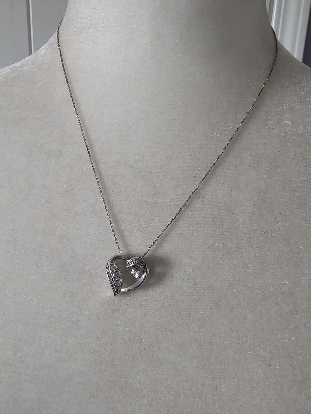 925 Silver Pave Accent Asymmetrical MOM Love Heart Charm Pendant Necklace